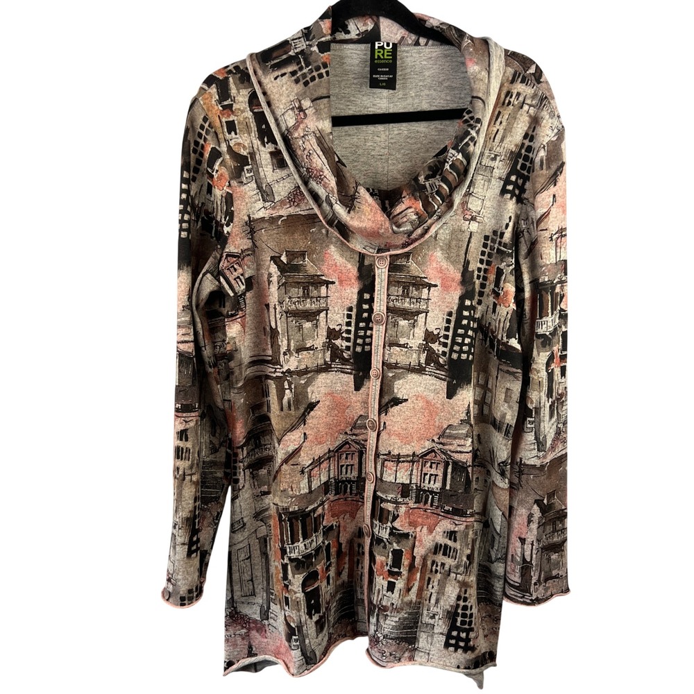 PURE‎ Essence Graphic Print Cowl Neck Tunic Top Size L Art-to-Wear Lagenlook